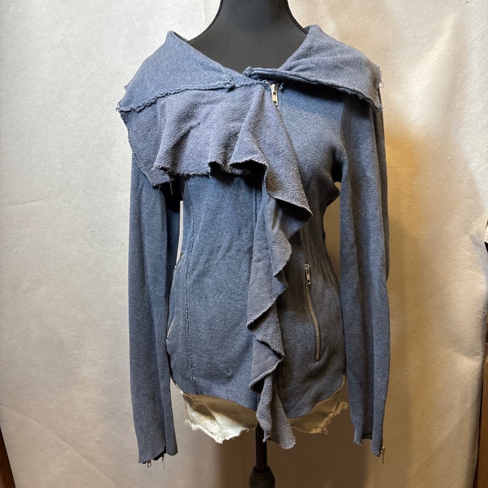 Free People Blue Ruffle Zip Up Hoodie Raw Edge Knit Jacket Small